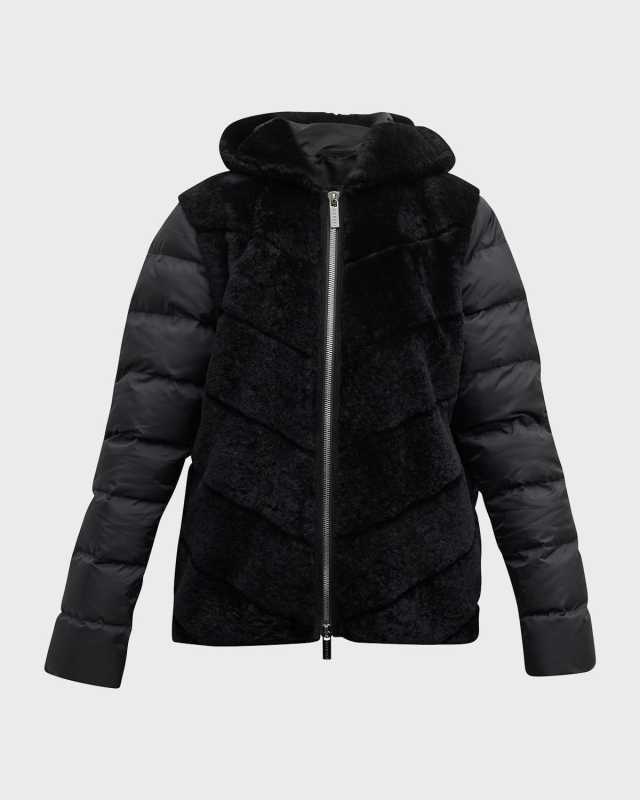 Chevron Lamb Shearling Parka w/ Quilted Sleeves And Back